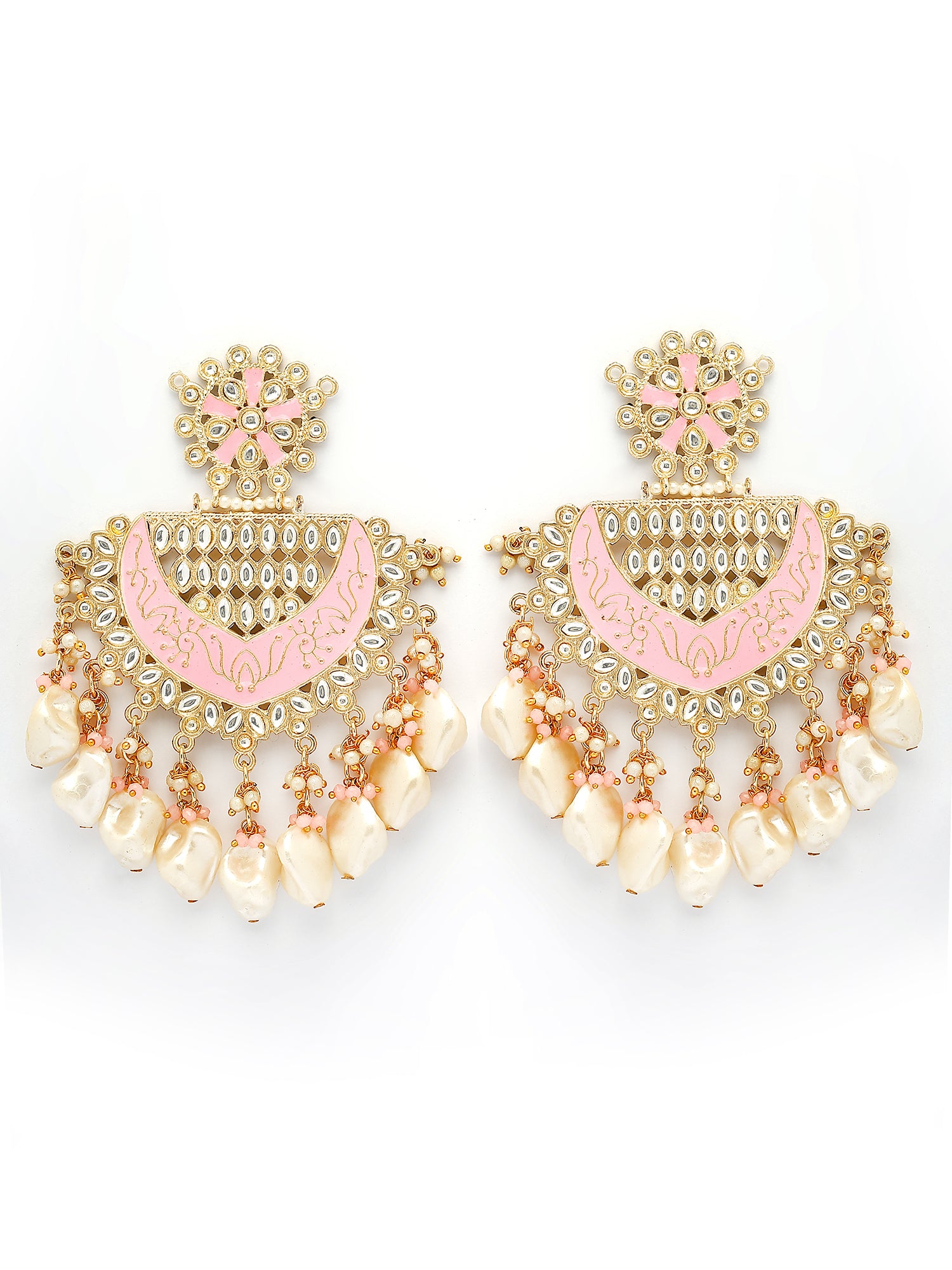 KARATCART Designer Gold-Plated Pink Meena and Pearl Studded Kundan Chandbali Earrings for Women - view 4