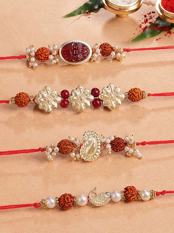 KARATCART Set of 4 Red Carved Stone and Rudraksha Kundan Rakhi for Brother with Roli & Chawal