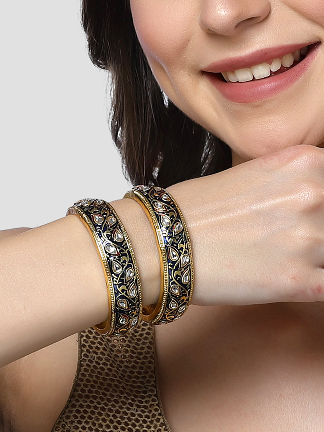 Karatcart Set of 2 Antique Blue Meena Gold Plated Bangles for Women