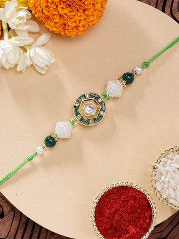 KARATCART Vibrant Green Meena Handmade Hexagon Shape Kundan Rakhi for Brother with Roli & Chawal