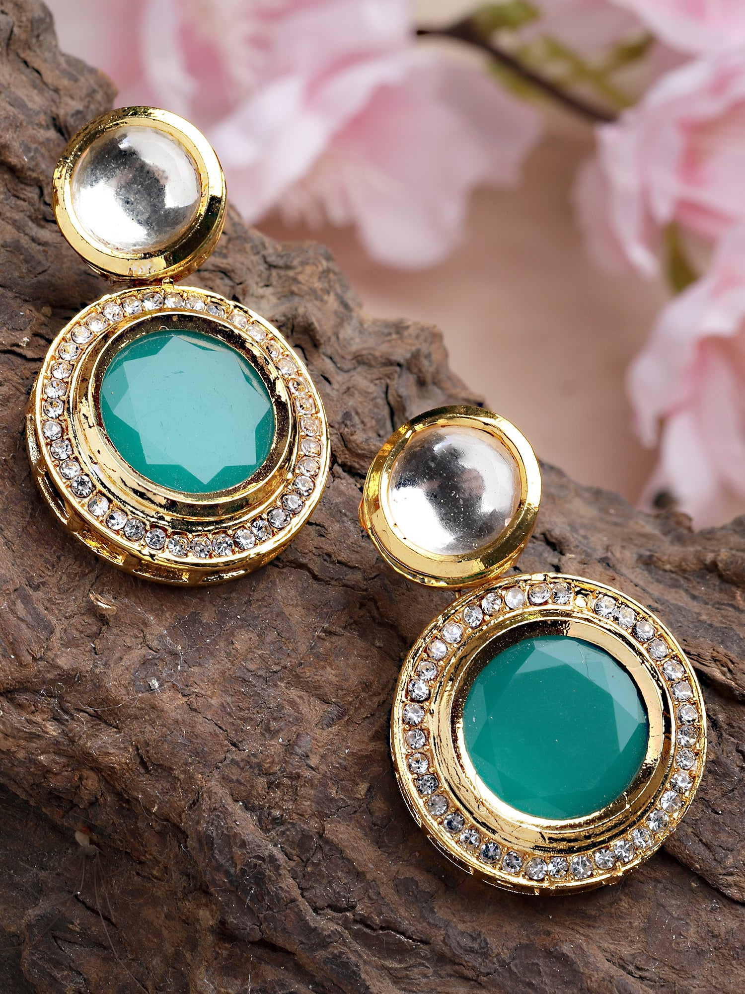 Karatcart Gold Plated Handcrafted Green Polki Kundan Drop Earrings for Women