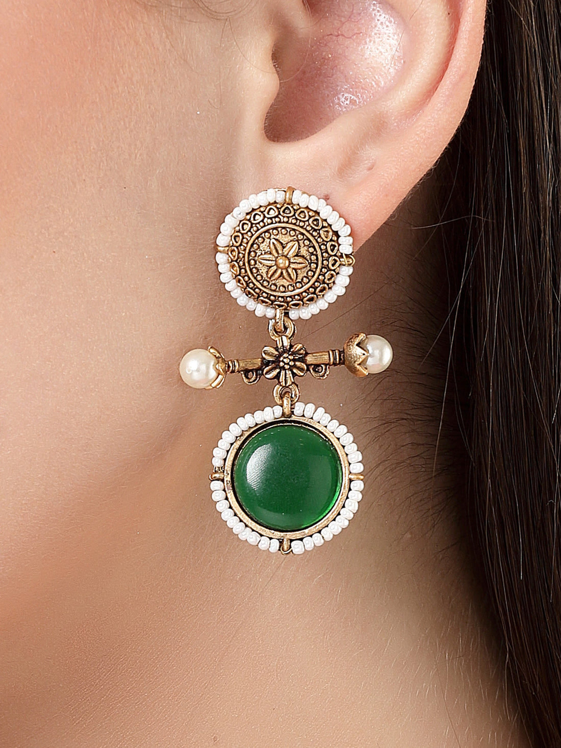 Karatcart Gold Plated Green Stone Drop Earrings for Women