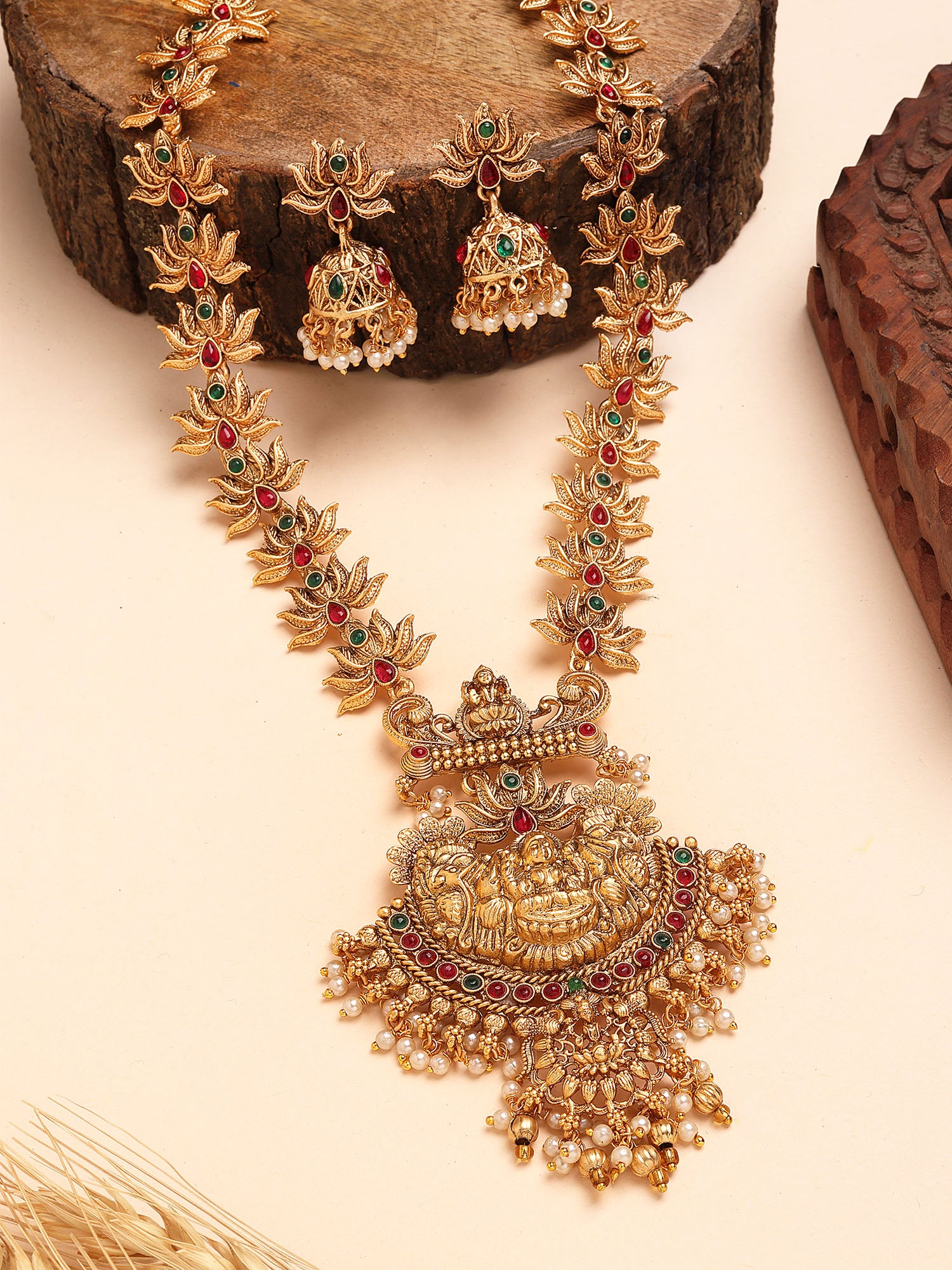 Karatcart Gold Plated Laxmi Mata Engraved Lotus Design Long Temple Jewellery Set for Women