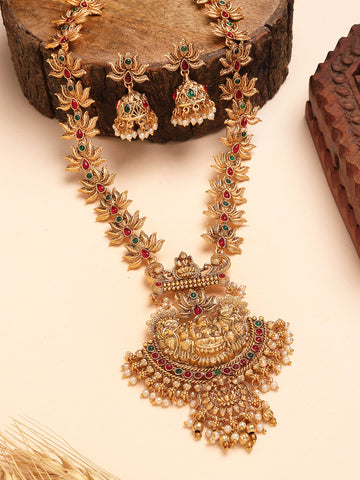 Karatcart Gold Plated Laxmi Mata Engraved Lotus Design Long Temple Jewellery Set for Women