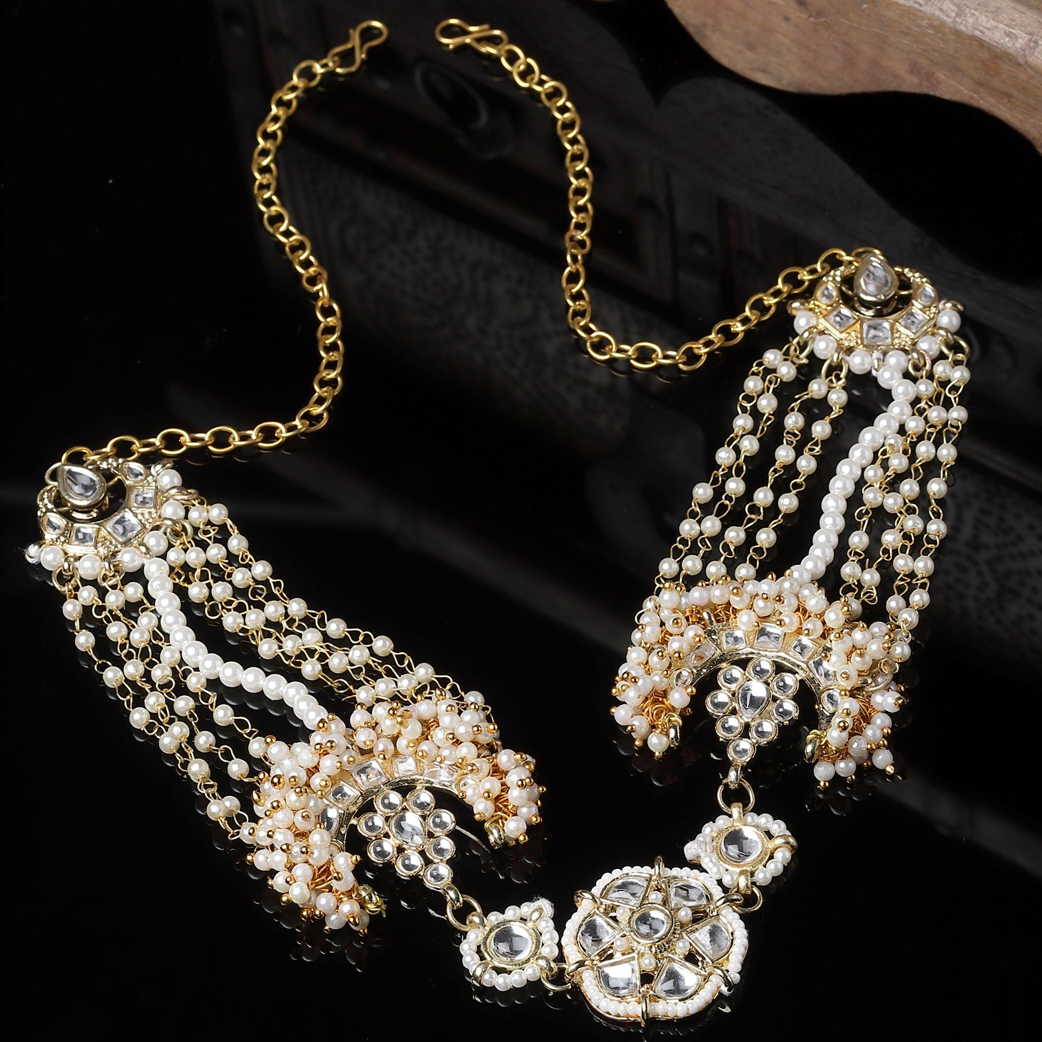 Karatcart Gold Plated Floral Design Pearl Chain and Kundan Studded Hairband for Women