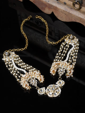 Karatcart Gold Plated Floral Design Pearl Chain and Kundan Studded Hairband for Women