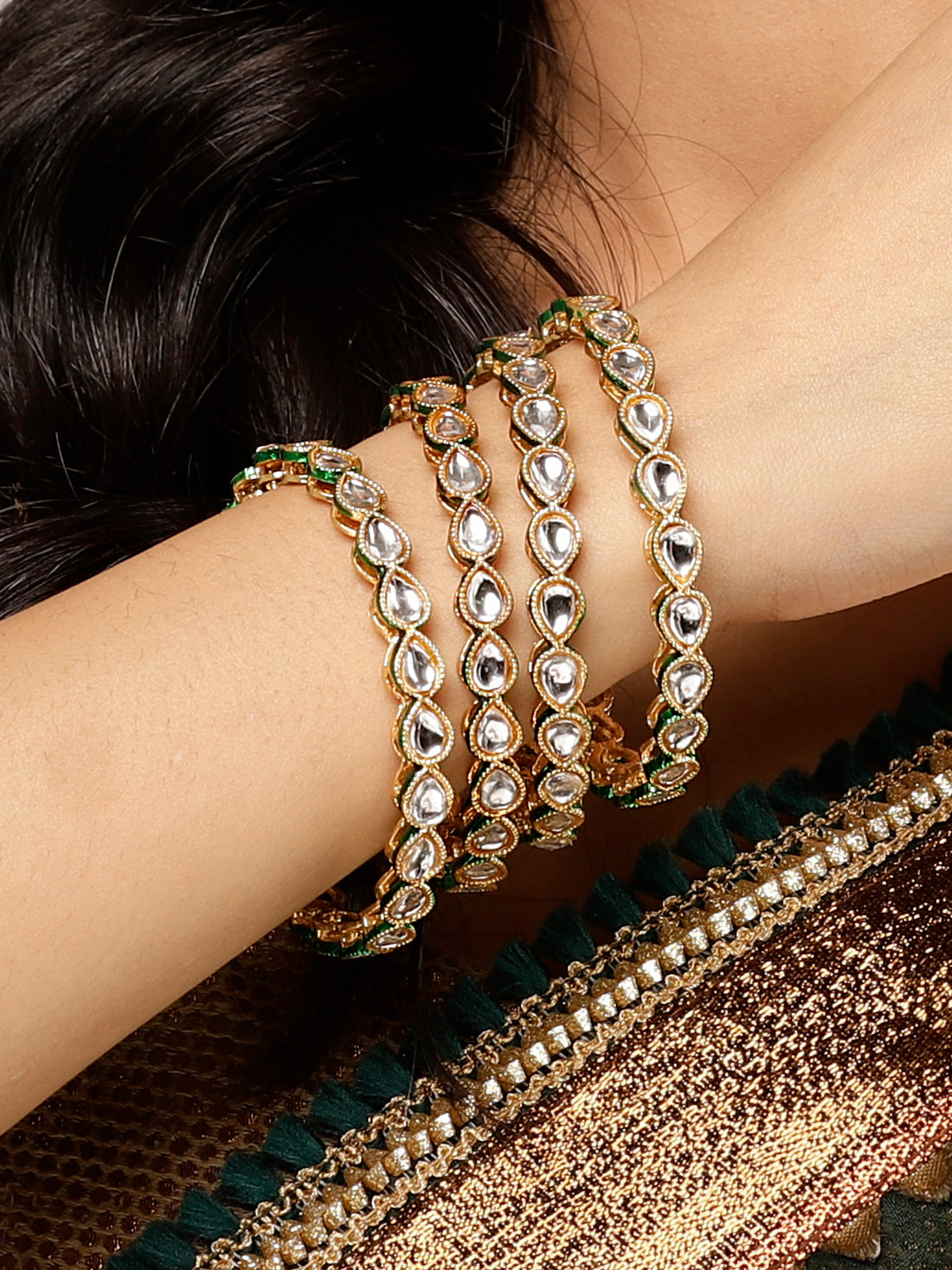 Karatcart Gold Plated Set of 4 Green Meena Bangles for Women
