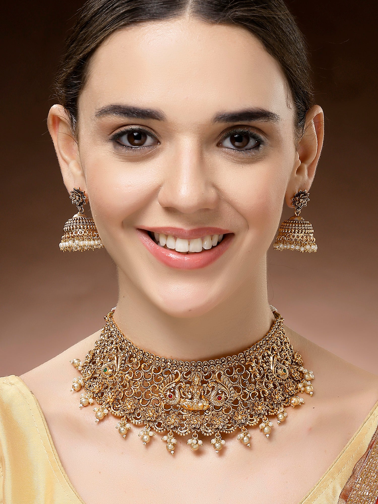 Karatcart Classic Laxmi Mata and Peacock Design Choker Temple Jewellery Set for Women - view 3