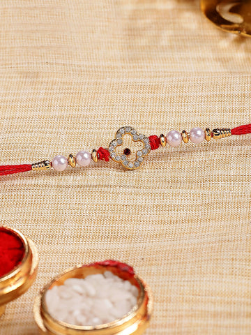 KARATCART Gold Plated White American Diamond Bhaiya Rakhi with Roli & Chawal