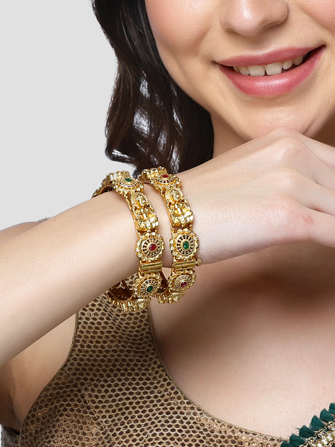Karatcart Gold Plated Set of 2 Laxmi Mata Temple Bangles for Women