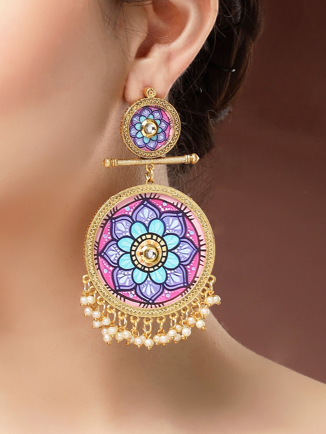 Karatcart Traditional Gold Plated Mandala Art Dangler Earrings with Pearls for Women