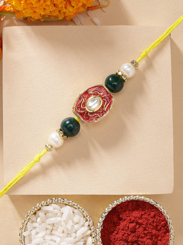 KARATCART Elegant Red Meena and Polki Kundan Handmade Rakhi for Brother with Roli Chawal