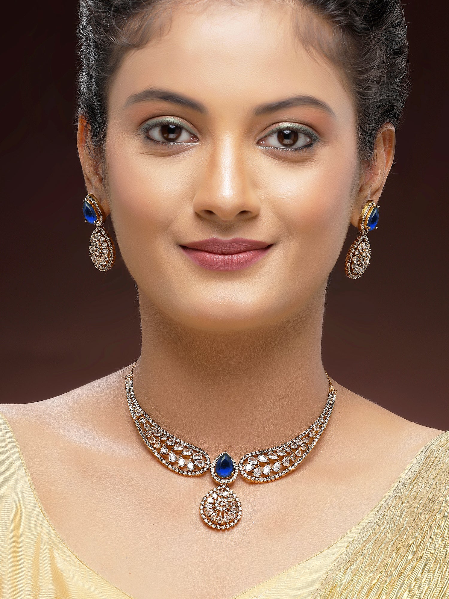 KARATCART Traditional Gold-Plated Blue American Diamond Jewellery Set for Women - view 3