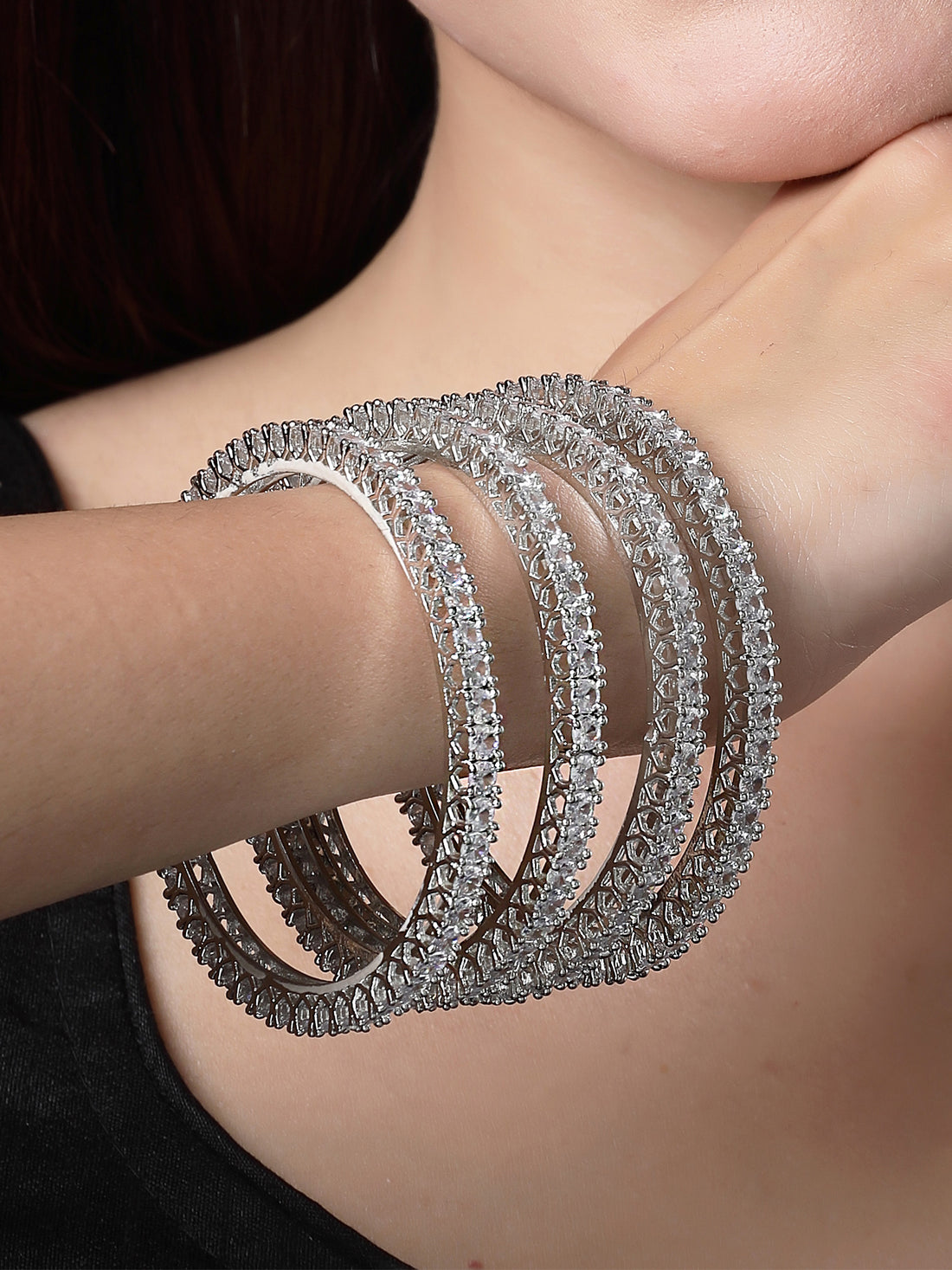 Karatcart Set of 4 Silver Plated Round American Diamond Studded Bangles for Women