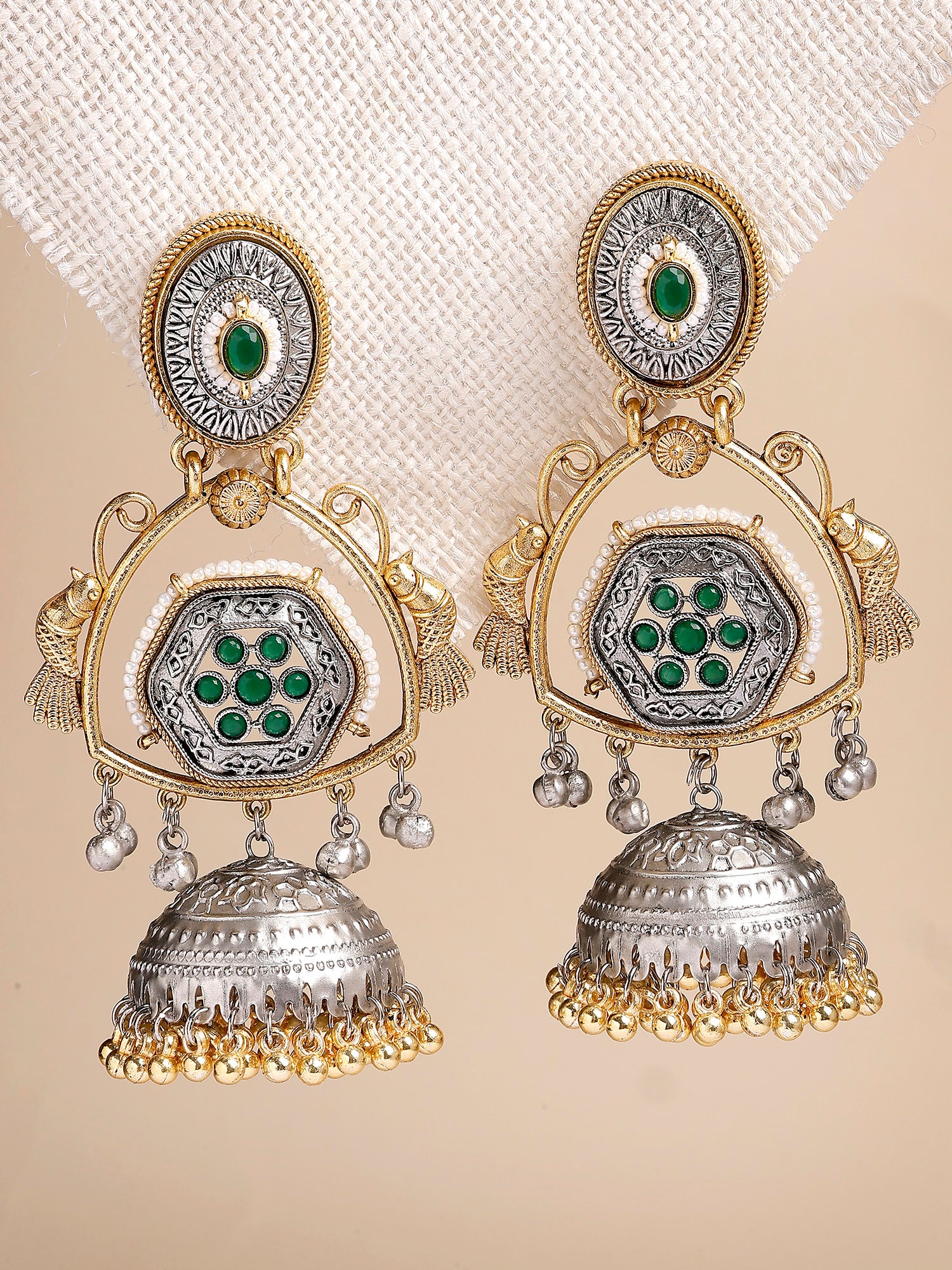 Karatcart Designer Oxidized Silver and Gold Plated Green Stone Dual-Tone Jhumka Earrings