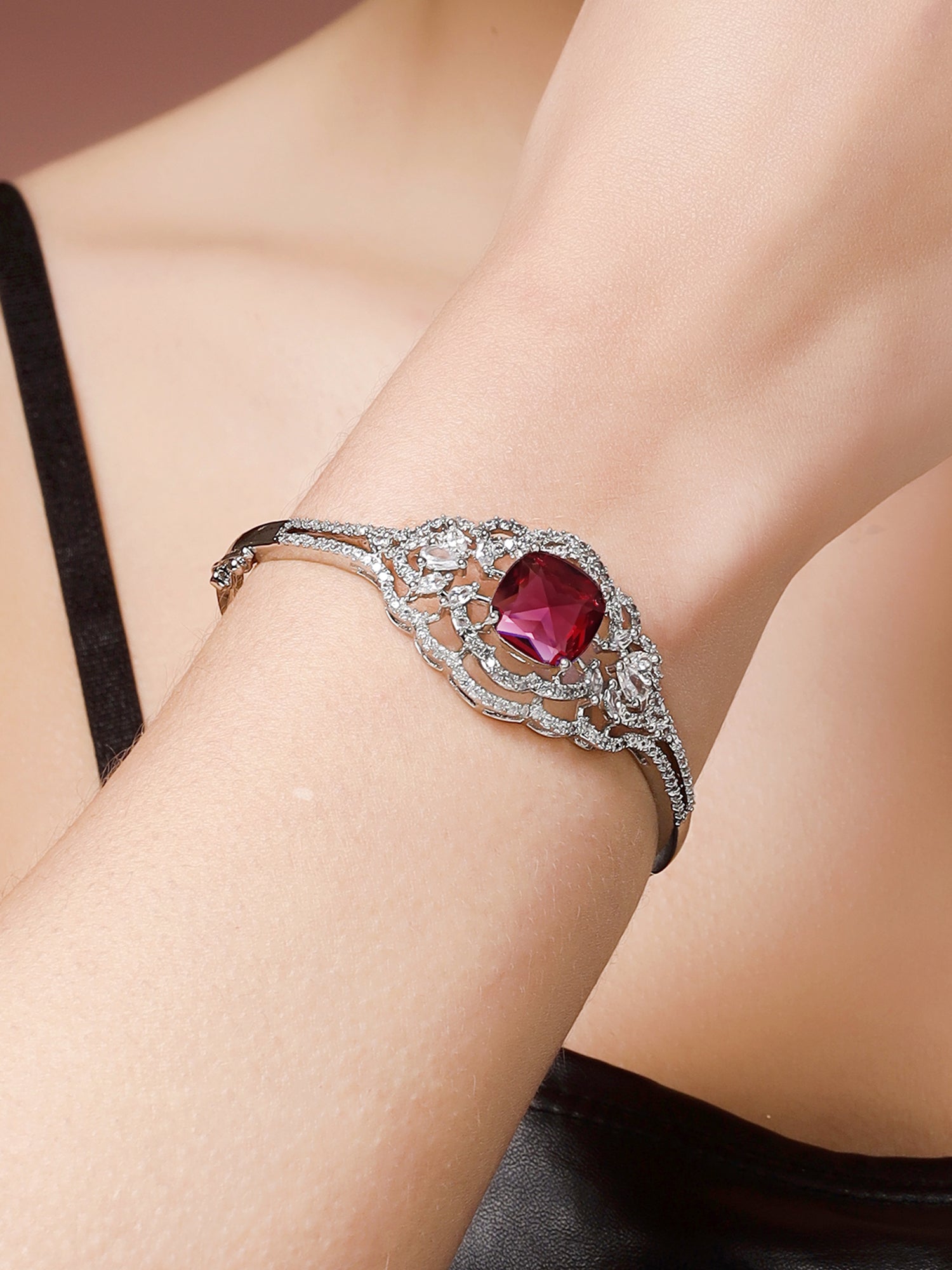 Karatcart Elegant Silver Plated Red American Diamond Designer Bracelet