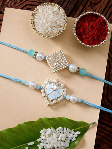 KARATCART Set of 2 Light Blue Meena Heart Shape Handmade Kundan Rakhi for Brother with Roli & Chawal
