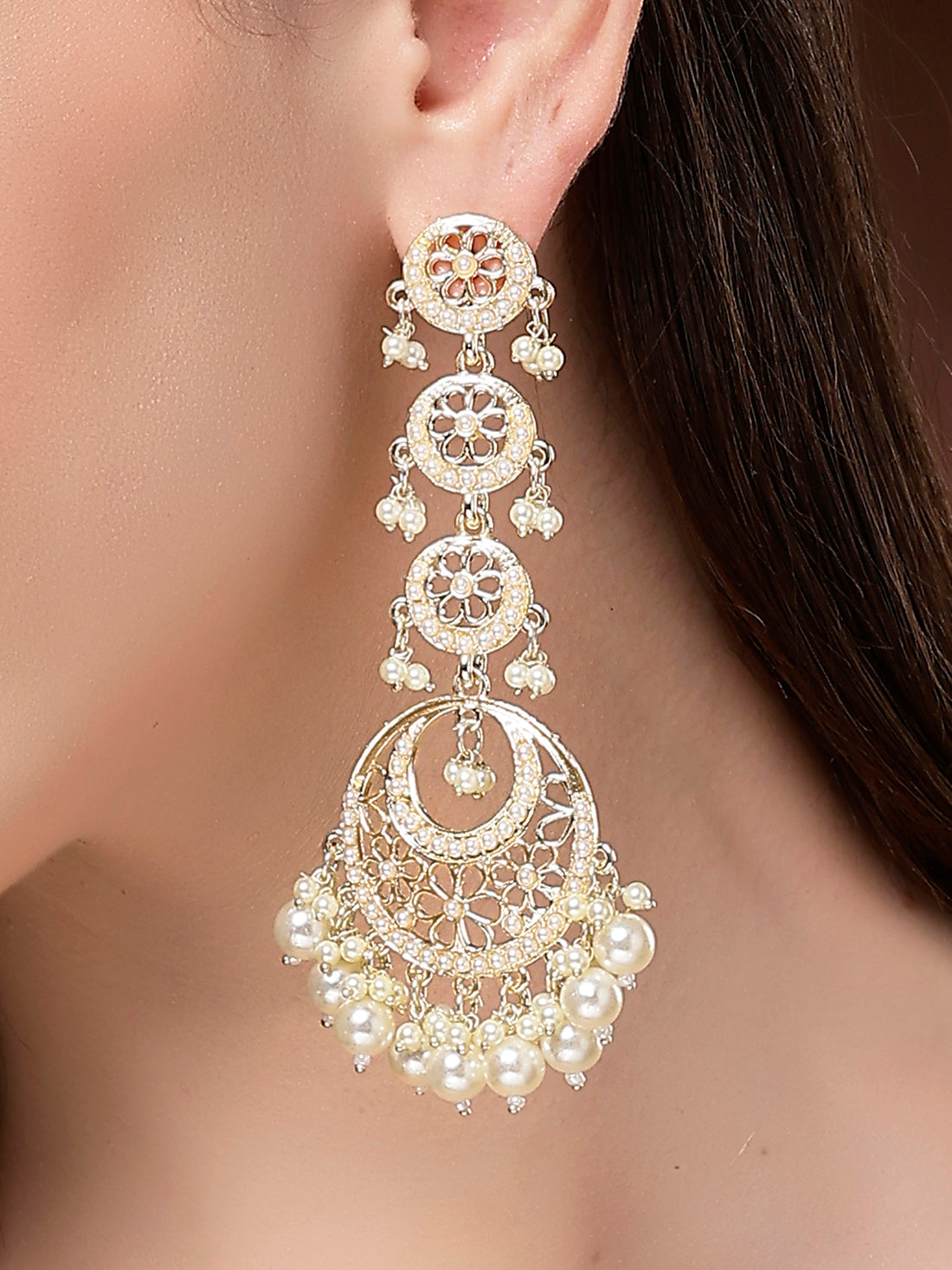 Karatcart Designer Gold-Plated Multi-Tier Pearl Studded Dangler Earrings for Women