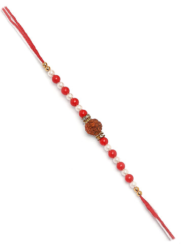 Karatcart Red and White Beads Rudraksha Bhiya Rakhi with Roli & Chawal