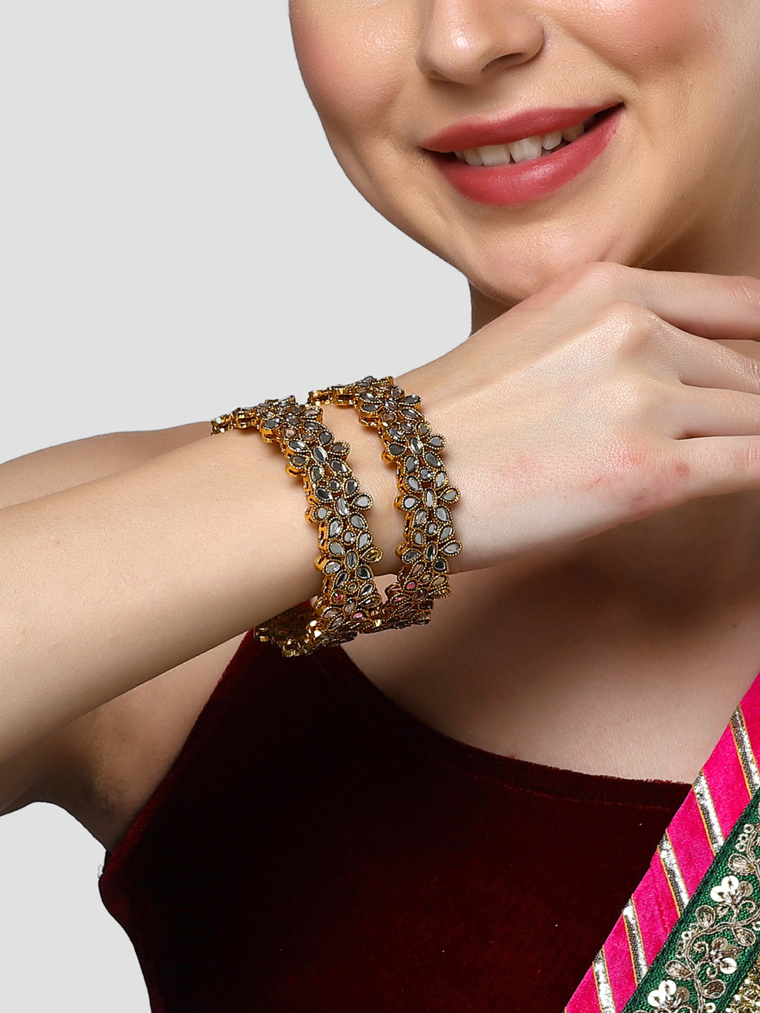 Karatcart Antique Gold Plated Set of 2 Mirror Studded Bangles for Women