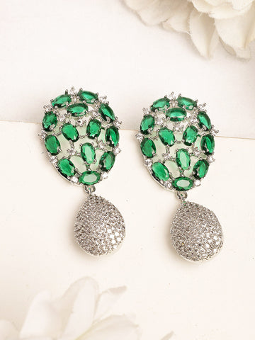 Karatcart Elegant Oval Drop Shape Green American Diamond Drop Earrings for Women