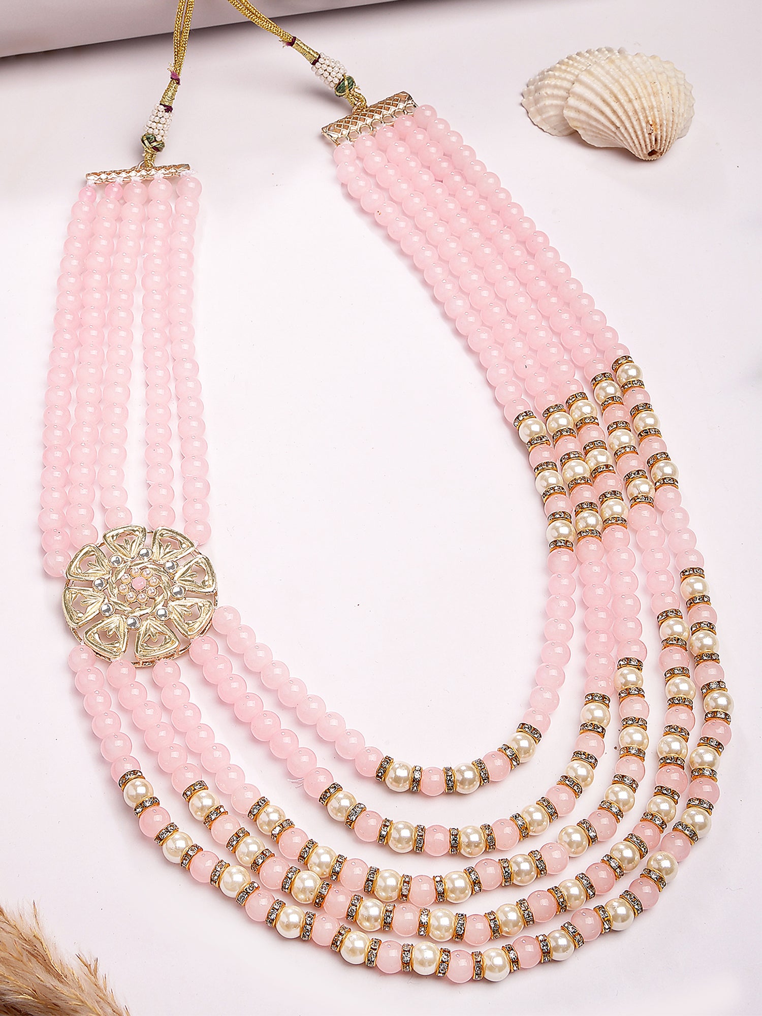 Karatcart Classic Floral Brooch Pink Moti Maharaja Haar for Men