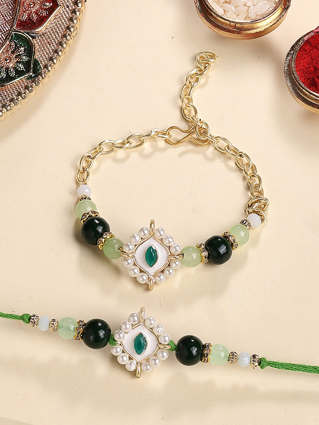 Karatcart Gold Plated Green Evil Eye Kundan Bhiya Bhabhi Rakhi with Roli & Chawal