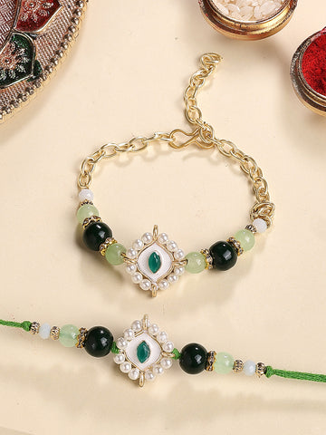 KARATCART Gold Plated Green Evil Eye Kundan Bhaiya Bhabhi Rakhi with Roli & Chawal