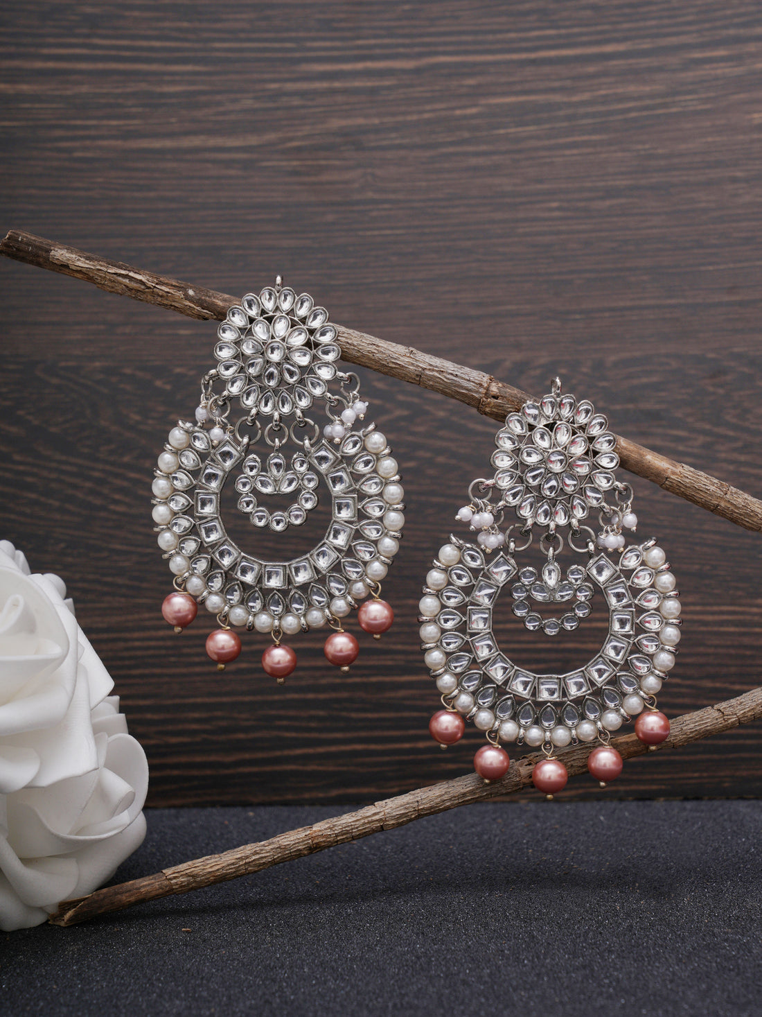 Karatcart Rose Gold Pearl Oxidised Drop Kundan Chandbali Earrings