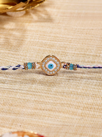 KARATCART Gold Plated Blue American Diamond Square Evil Eye Bhaiya Rakhi with Roli & Chawal