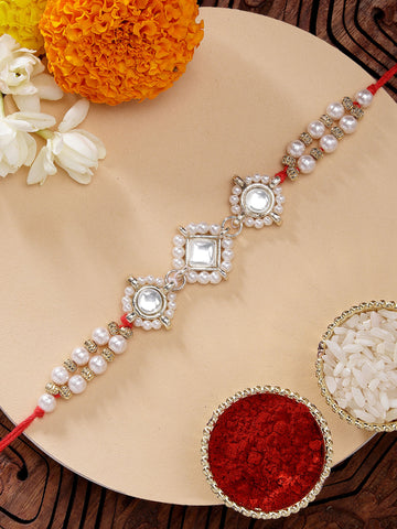 KARATCART Beautiful Classic Pearls and Kundan Handmade Rakhi for Brother with Roli & Chawal