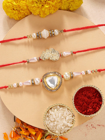 KARATCART Set of 3 Handmade Polki Kundan Rakhis for Brother with Roli and Chawal