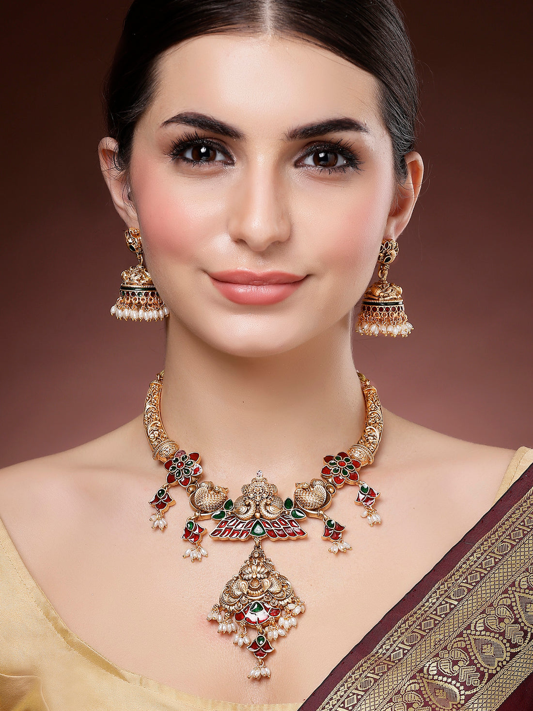Karatcart Gold Plated Engraved Laxmi Mata and Peacock Necklace Set for Women