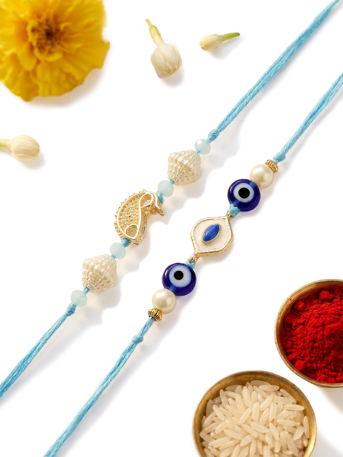 KARATCART Set of 2 Handmade Meenakari Evil Eye and Fish Kundan Rakhi for Brother with Roli & Chawal