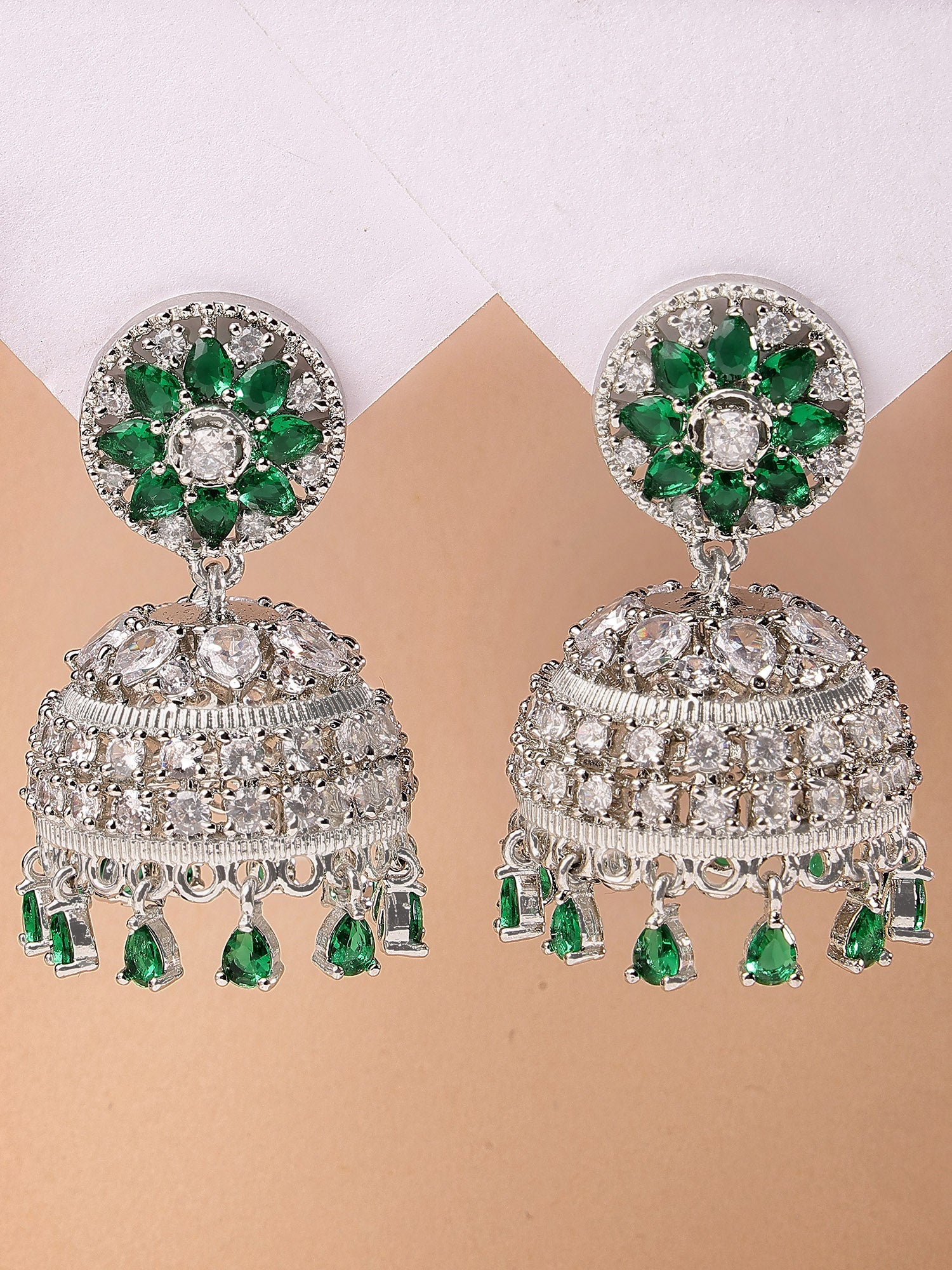Karatcart Sparkling Silver Plated Green American Diamond Jhumki Earrings for Women