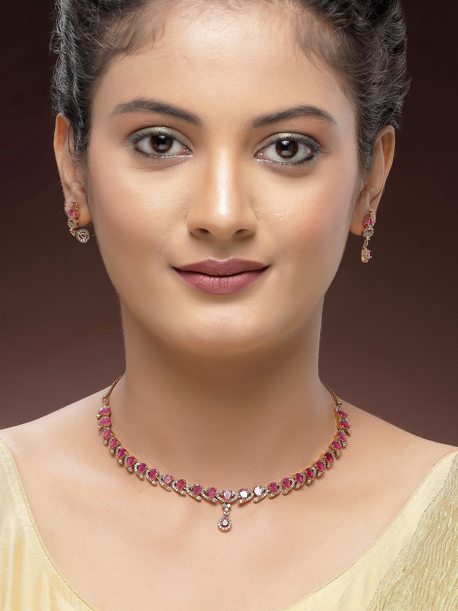 KARATCART Elegant Gold-Plated Red Drop American Diamond Jewellery Set for Women - view 3