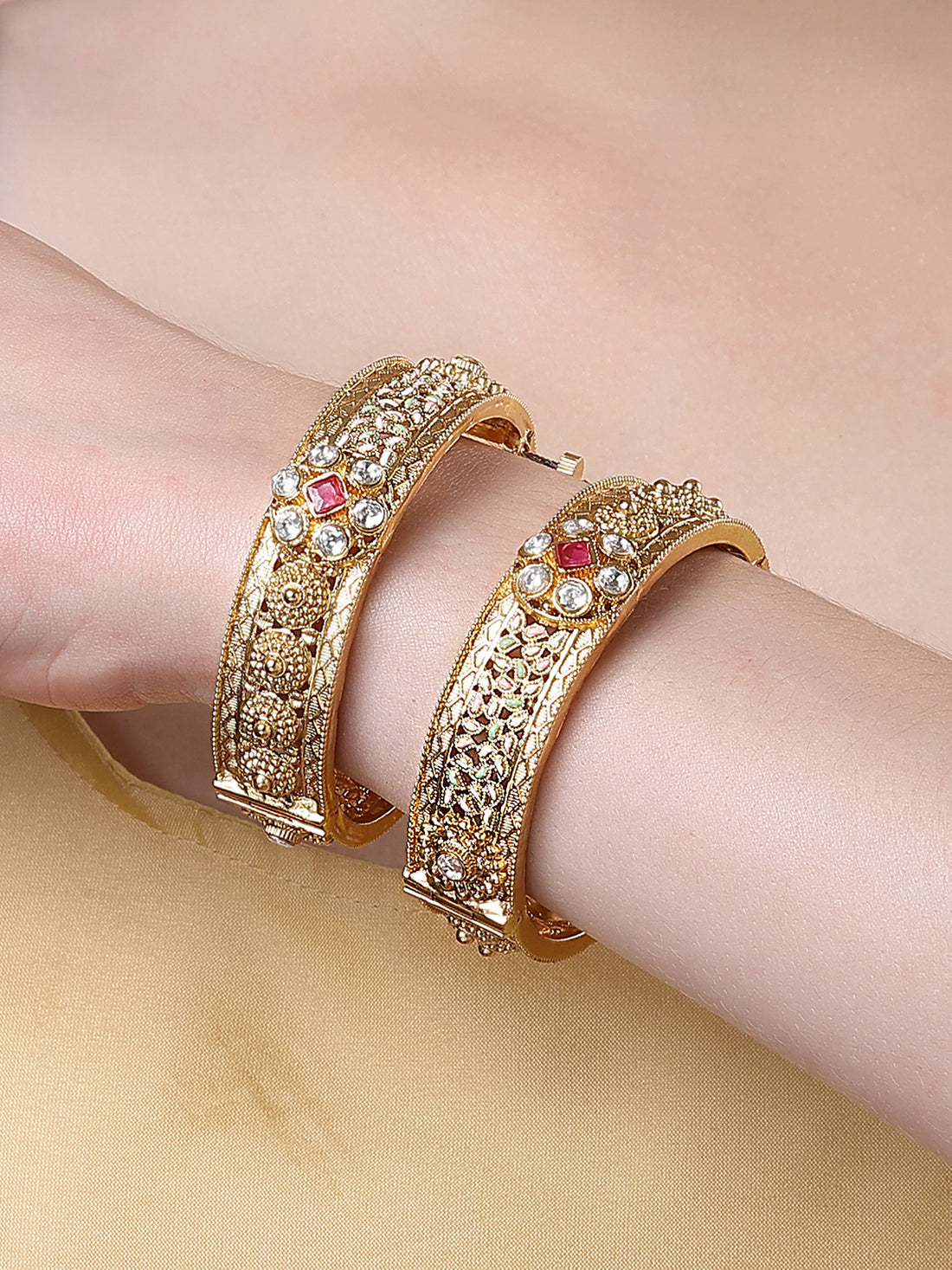 Karatcart Set of 2 Gold Plated Floral AD Studded Meena Bangles for Women
