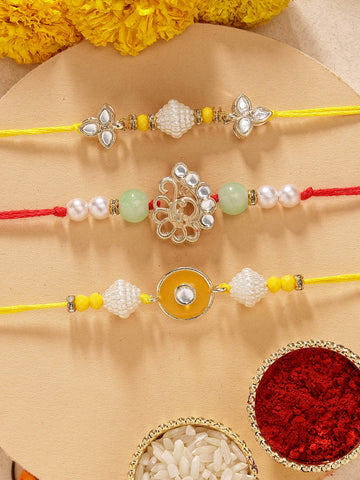 KARATCART Set of 3 Handmade Yellow Meenakari Evil Eye Kundan Rakhis for Brother with Roli & Chawal