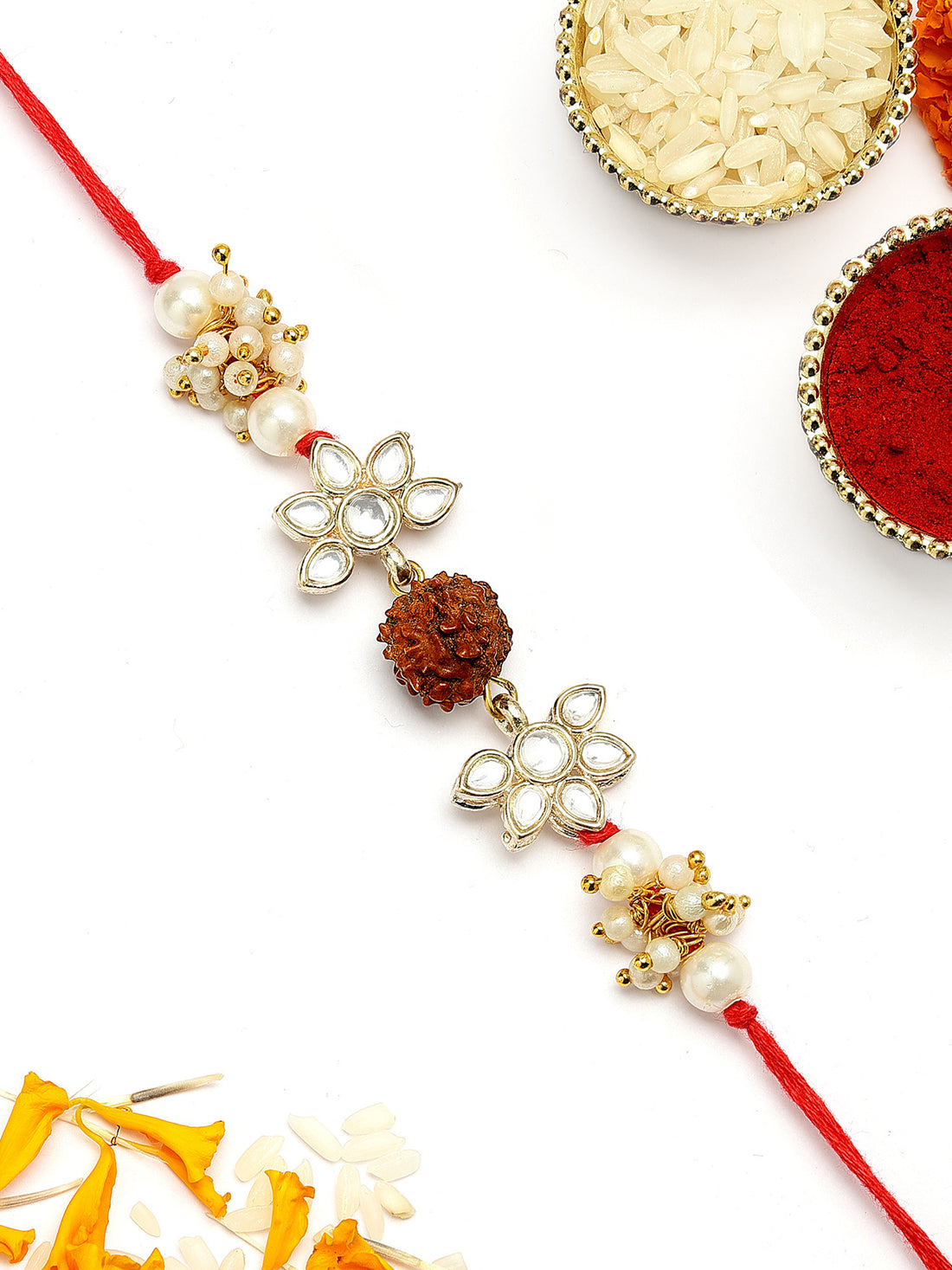 KARATCART Traditional Rudraksha and Pearl Handmade Kundan Rakhi for Brother with Roli & Chawal
