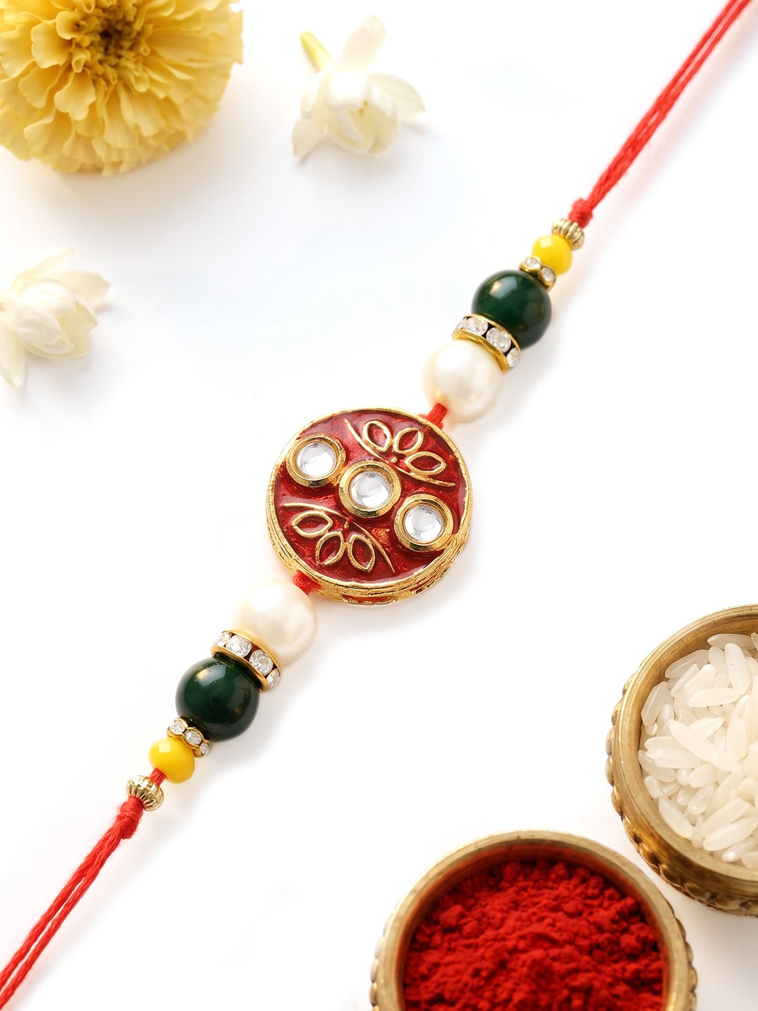 KARATCART Vibrant Red Meenakari Floral Design Handmade Kundan Rakhi for Brother with Roli & Chawal