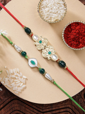 KARATCART Set of 2 Green Meena Evil Eye Handmade Kundan Rakhi for Brother with Roli & Chawal
