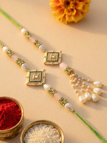 KARATCART Gold Plated Green Designer Kundan Pink Beads Bhaiya Bhabhi Rakhi with Roli & Chawal