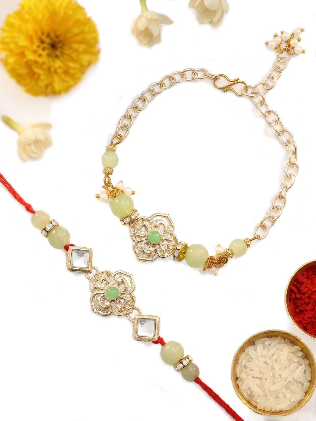 KARATCART Light Green Beads Floral Design Handmade Kundan Bhaiya Bhabhi Rakhi with Roli & Chawal