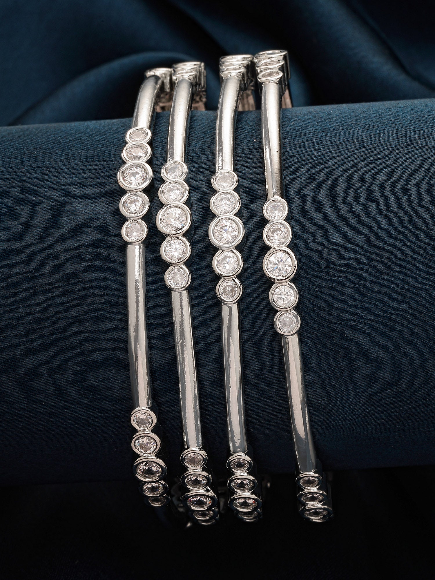Karatcart Set of 4 Silver Plated Round American Diamond Studded Bangles for Women