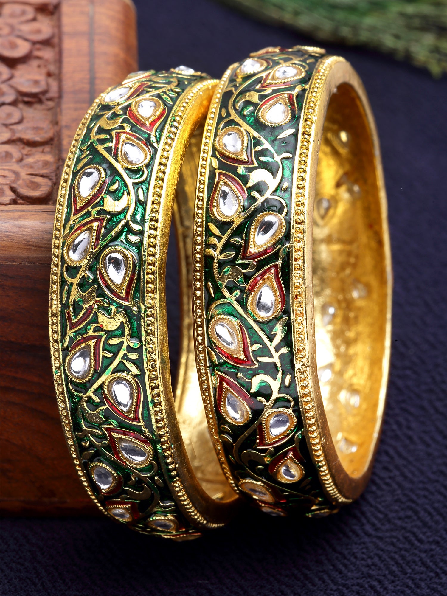 Karatcart Set of 2 Antique Green Meena Gold Plated Bangles for Women