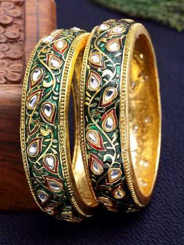 Karatcart Set of 2 Antique Green Meena Gold Plated Bangles for Women