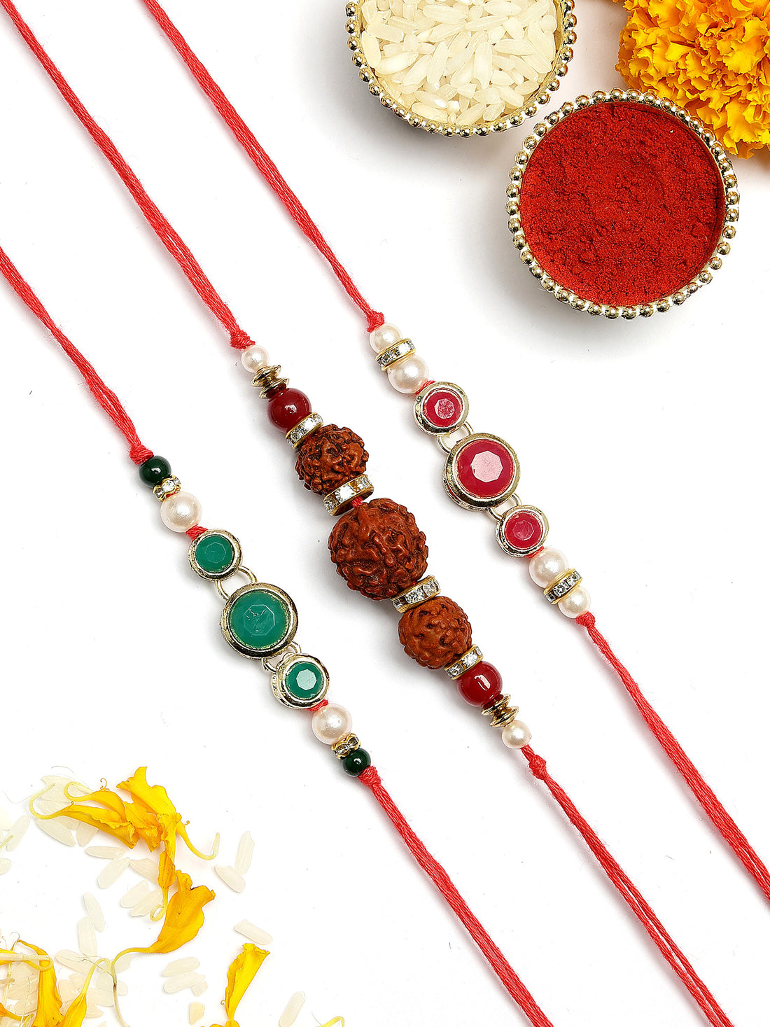 KARATCART Set of 3 Handmade Rudraksha and Kundan Rakhis for Brother with Roli & Chawal