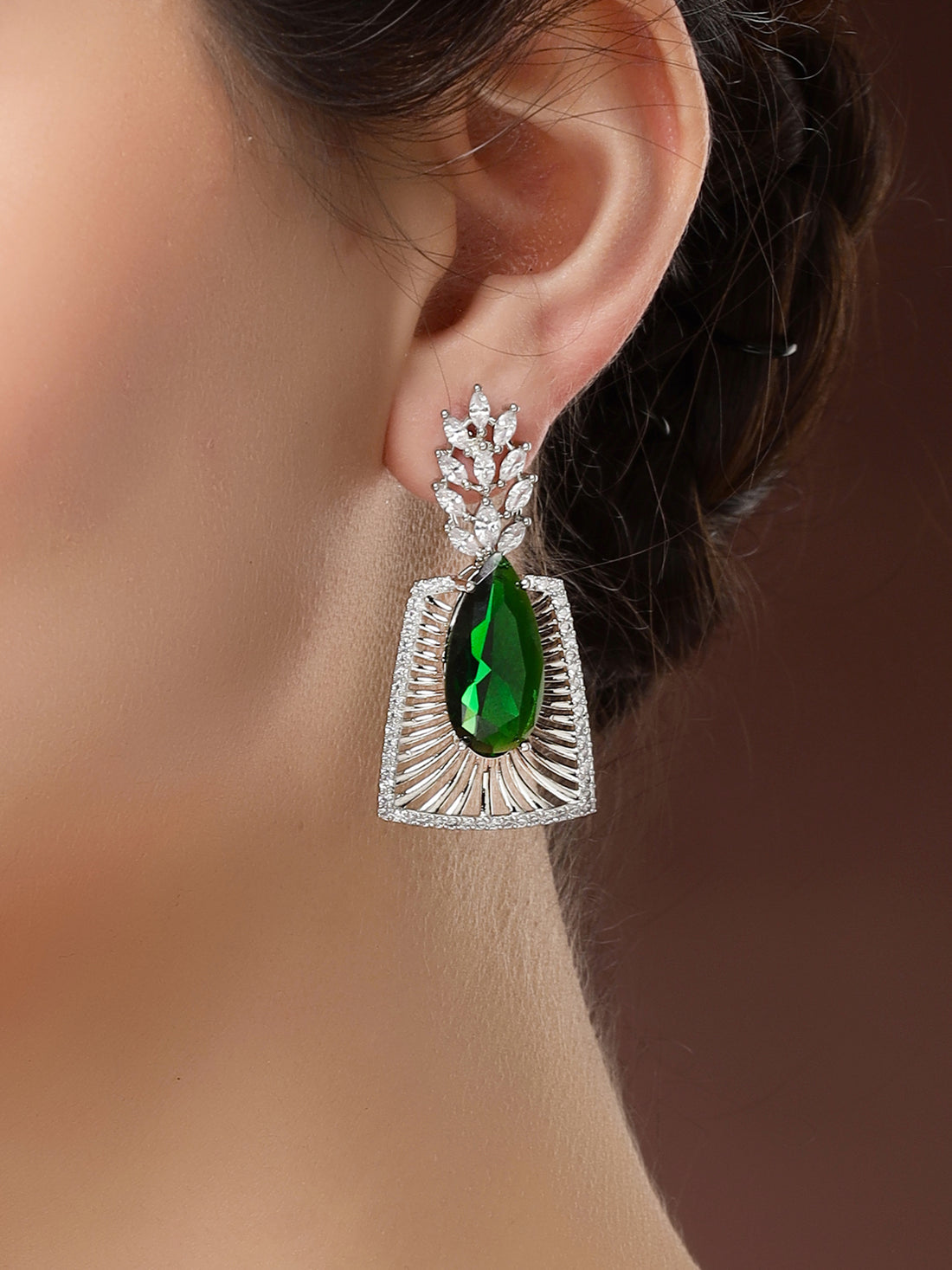 Karatcart Designer Silver-Toned Green Teardrop American Diamond Drop Earrings for Women