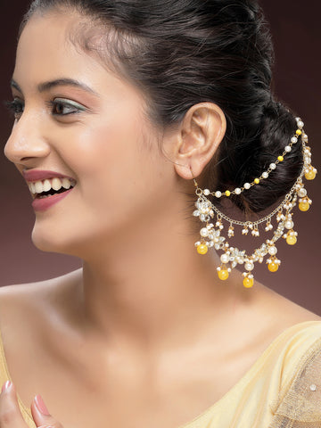 KARATCART Traditional Gold-Plated Yellow Beads Floral Kundan Kaanchain Earrings for Women