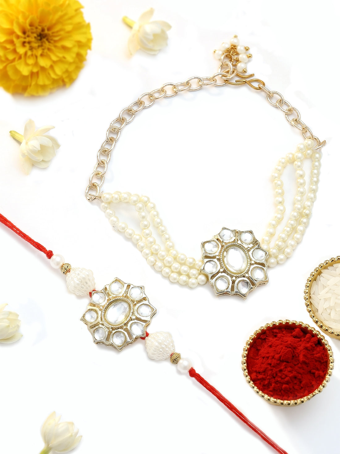 KARATCART Pearl Beaded Floral Design Handmade Kundan Bhaiya Bhabhi Rakhi with Roli & Chawal